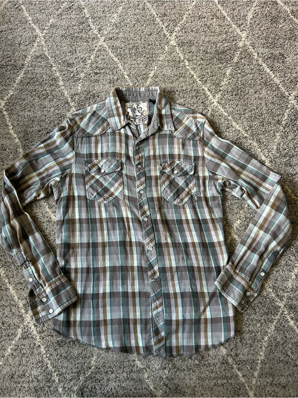 Fox Racing Men's Western Plaid Button-Down Shirt Gray Teal Brown